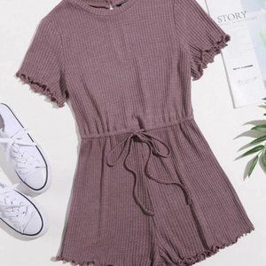 SHEIN - Mauve / Purple Cinching Waffle Knit Crew Neck Lettuce Trim Summer Romper